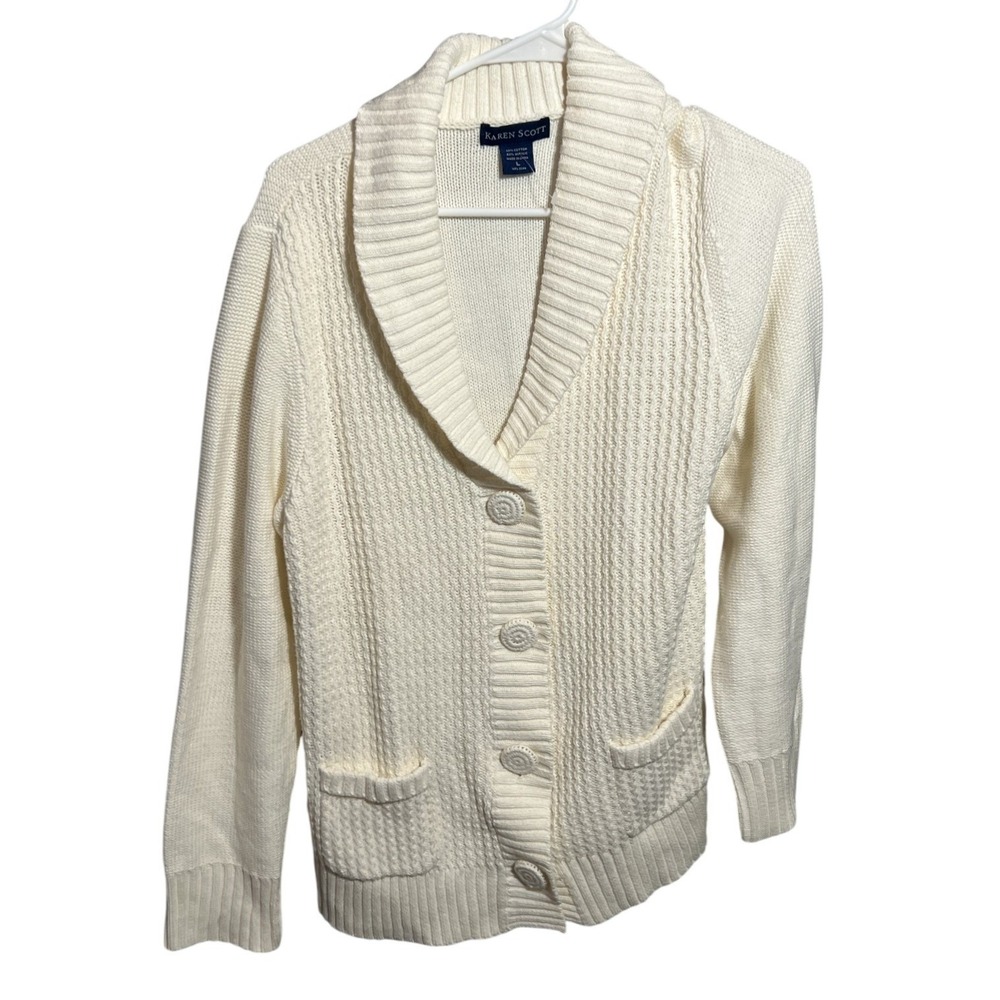 Karen Scott Women's L Ivory Cotton Blend Shawl Collar Cardigan Sweater Button‎